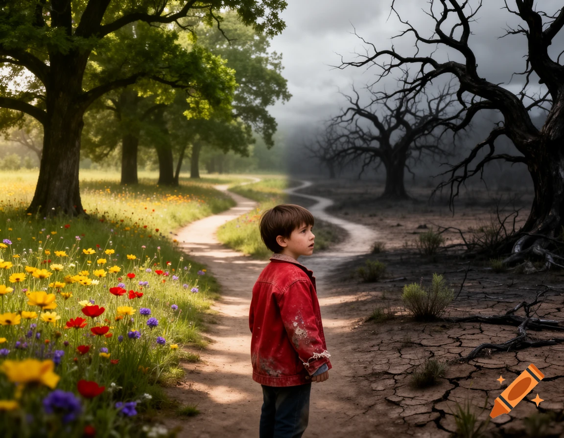 A child stands on a dirt path, looking as it splits into a vibrant, sunny field with flowers and a dark, barren wasteland with dead trees.