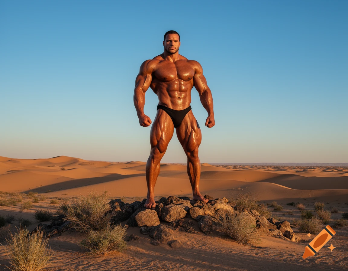 Muscular bodybuilder in a black speedo stands on rocks in a vast desert landscape under a clear blue sky.
