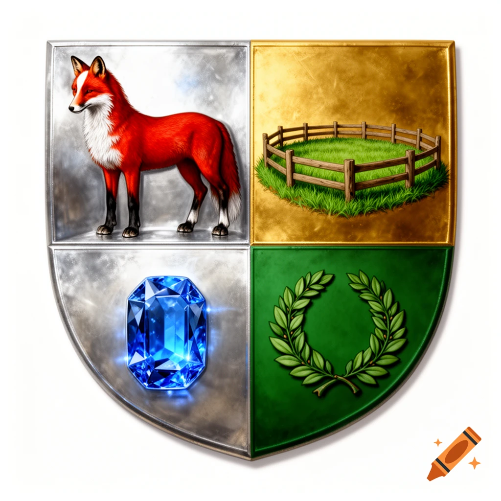 A heraldic shield with a red fox, a paddock, a blue sapphire, and a green laurel wreath on divided backgrounds.