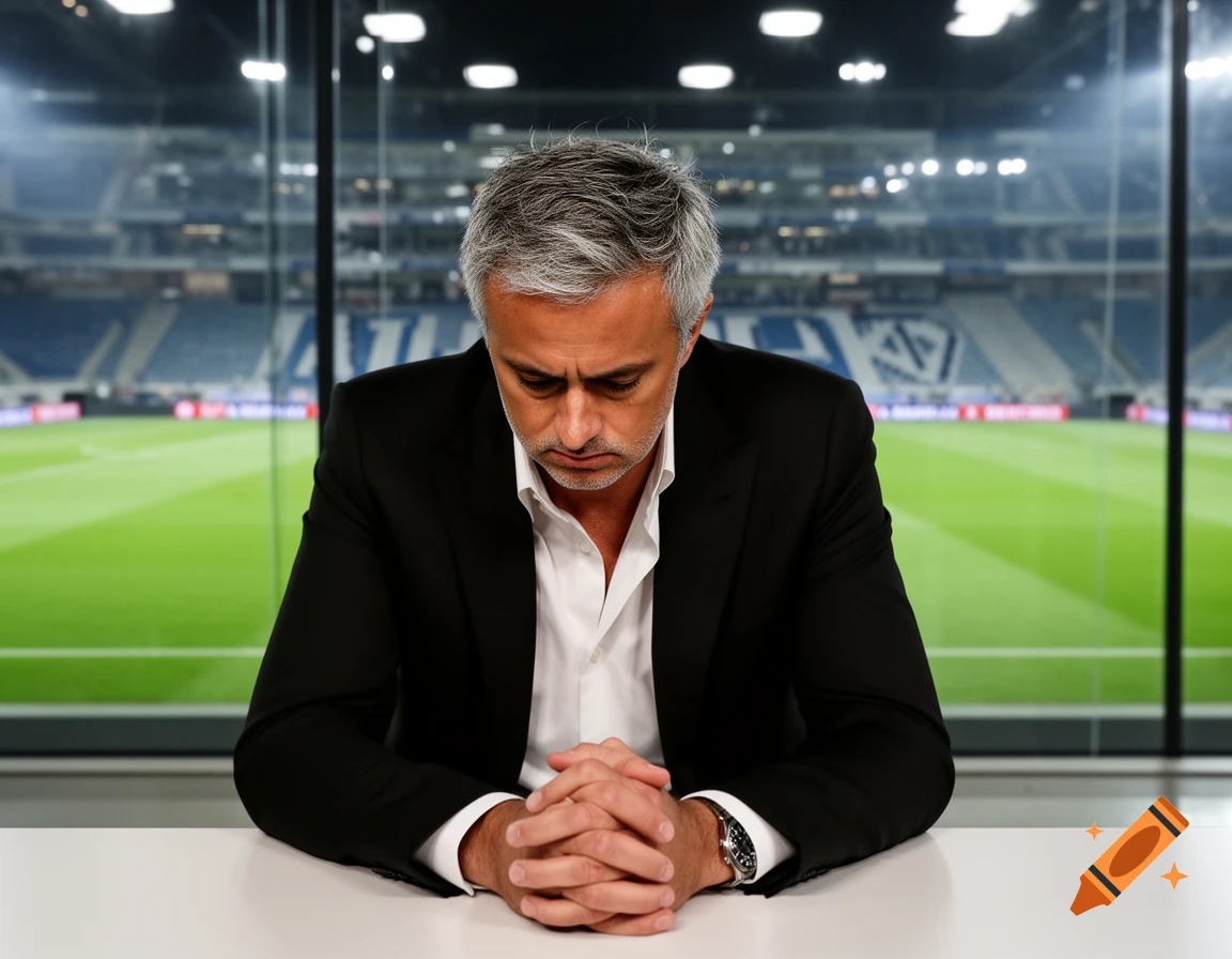 Jose Mourinho, with grey hair, sits at a white table, looking down with clasped hands, in front of a stadium with a green football pitch.
