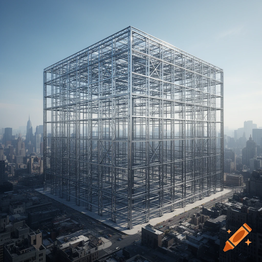 A massive metal building frame stands over a bustling cityscape under a clear blue sky, with other skyscrapers in the distance.