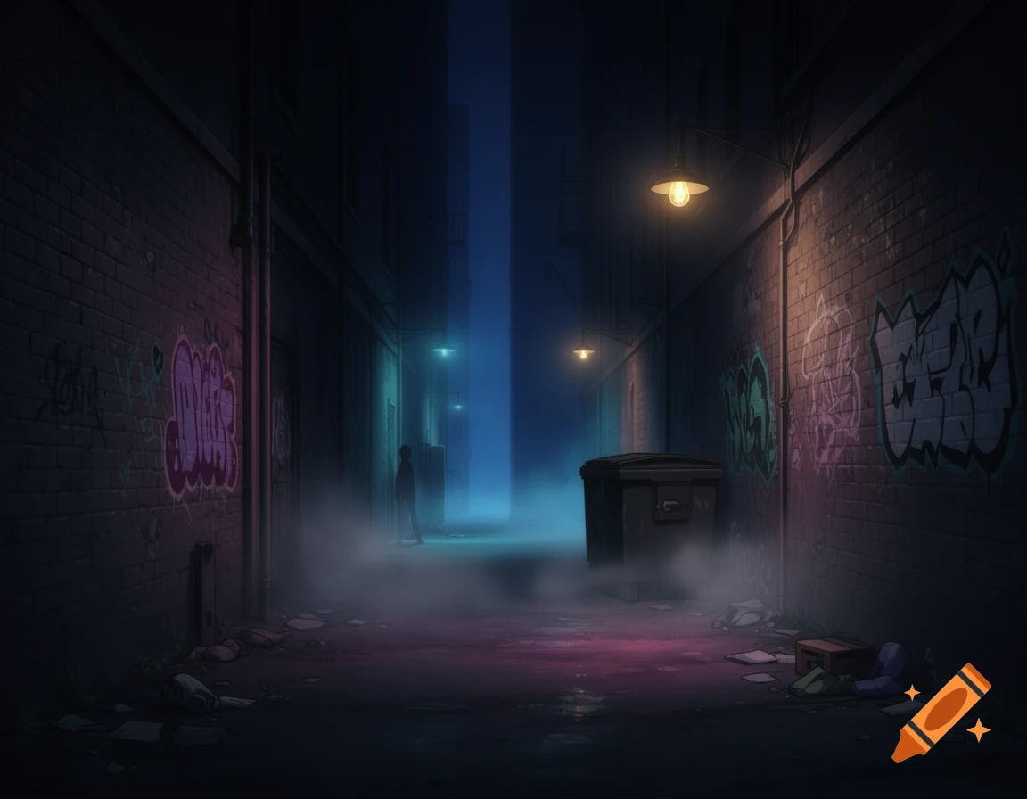A dark, foggy alleyway at night with brick walls, glowing streetlights, stylized graffiti, a dumpster, and a lone figure in the distance.