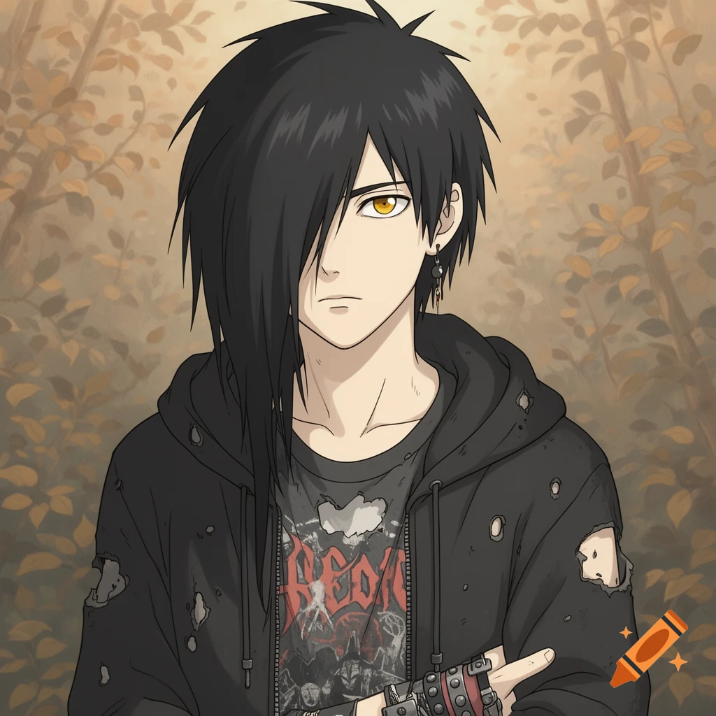 Anime emo boy with black spiky hair, golden eyes, wearing a ripped black hoodie and a band t-shirt, pointing. Autumn leaves in background.