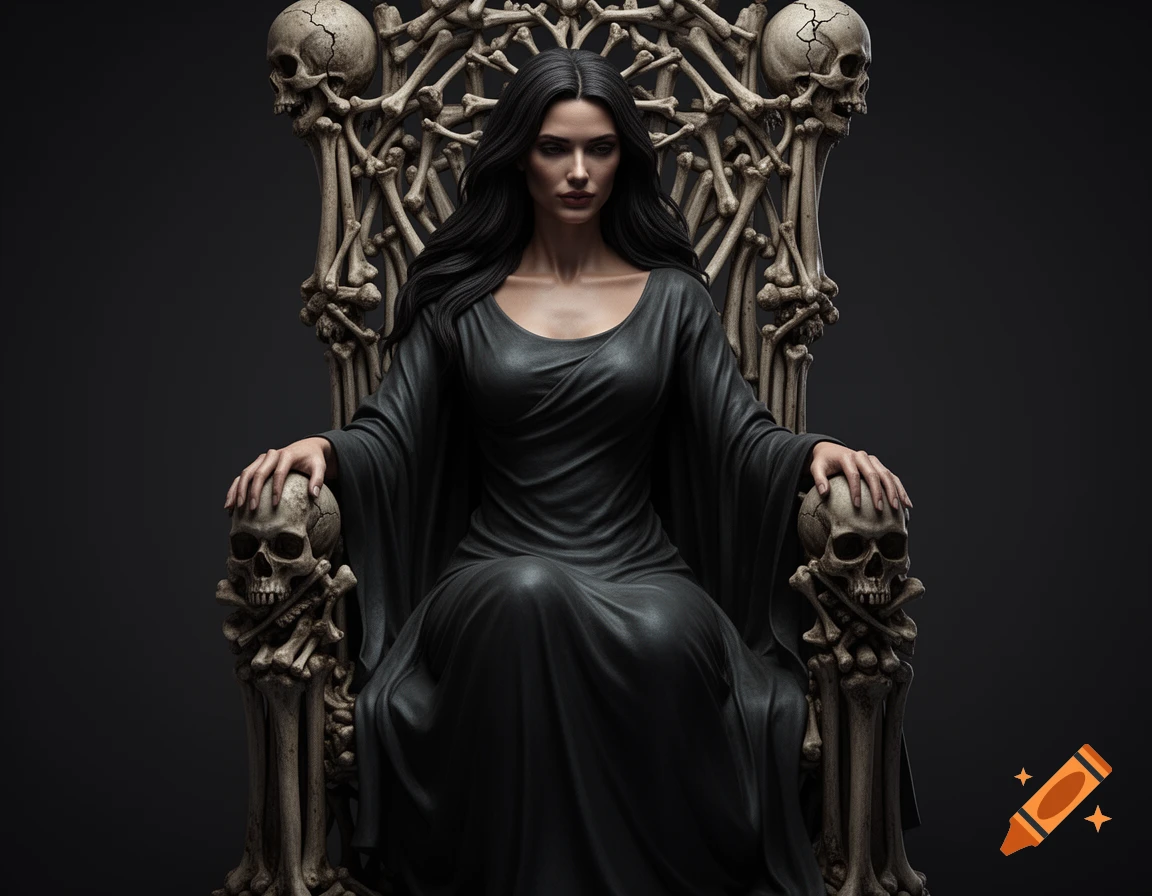 An ultra-realistic, dark fantasy image of a witch queen with long dark hair, wearing a black robe, sitting on a throne made of skulls and bones, with a calm, powerful expression.