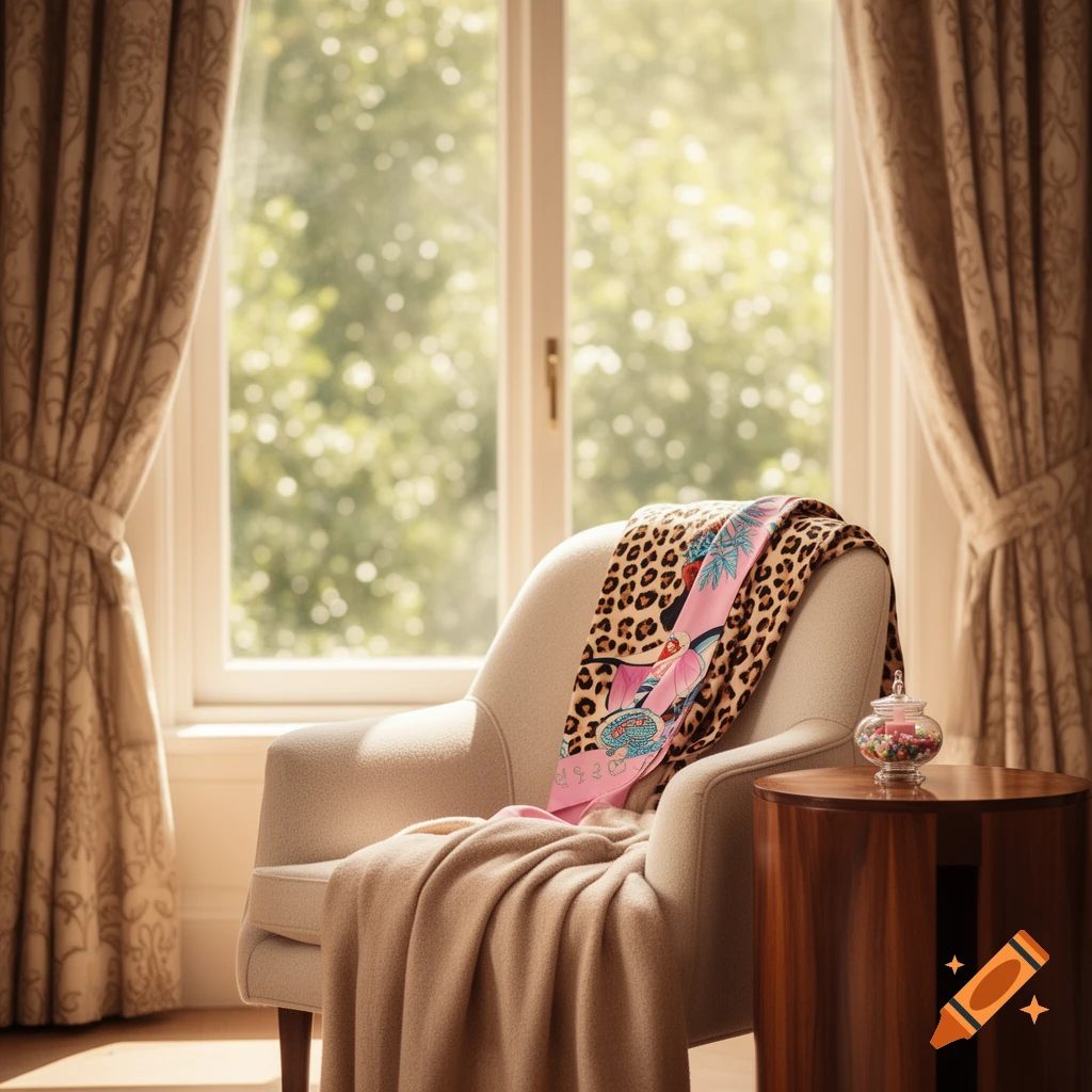 Elegant armchair with a leopard print and pink scarf, a beige blanket, and a small wooden table with candy, by a bright window.