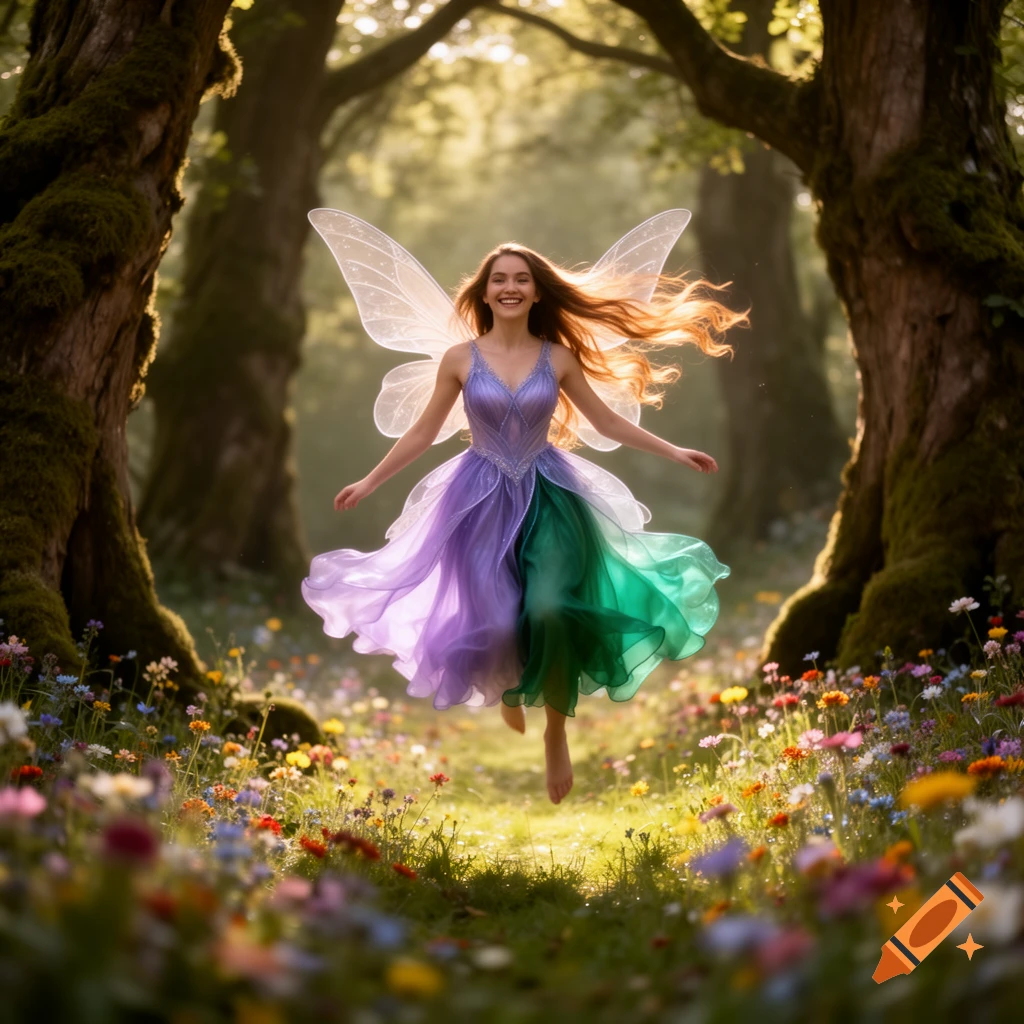 Smiling fairy with long hair, translucent wings, and a purple-green dress floats in a sunlit forest with wildflowers.