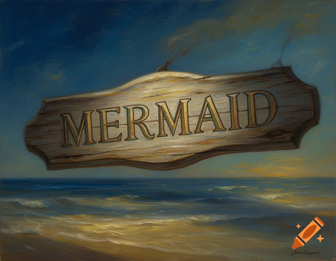 Oil painting of a wooden sign with 'MERMAID' carved into it, floating above a sunlit ocean.