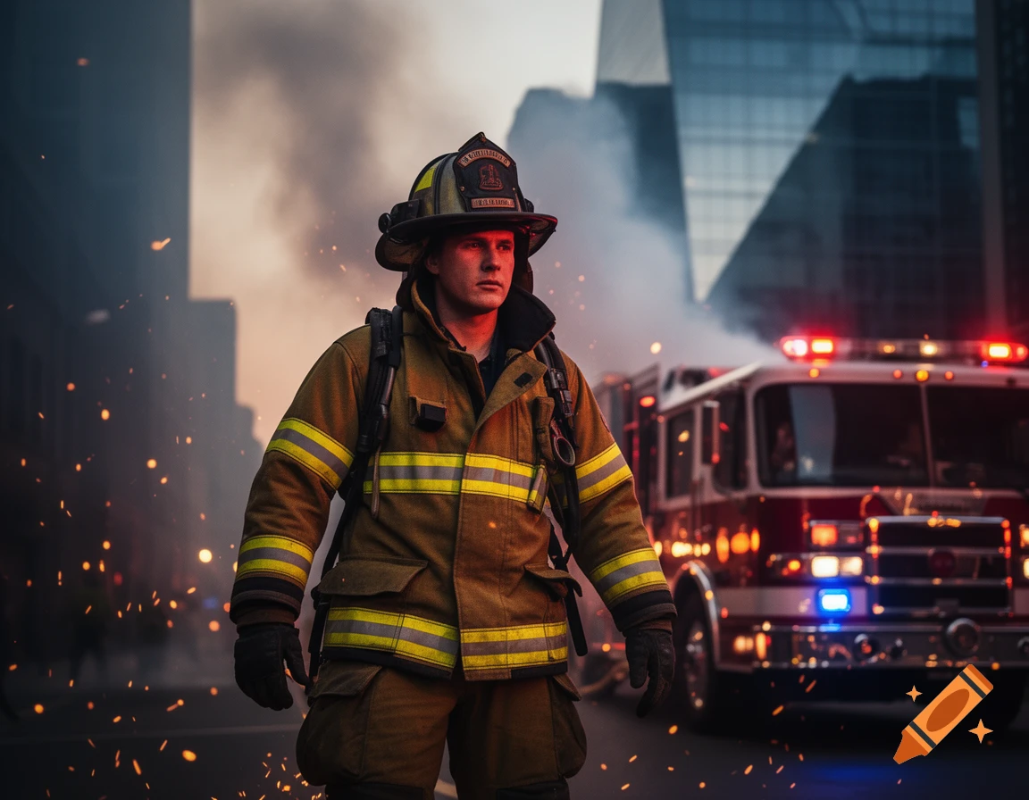 A determined firefighter in a yellow suit stands in a smoky, ember-filled urban street with a fire truck behind him, photorealistic.