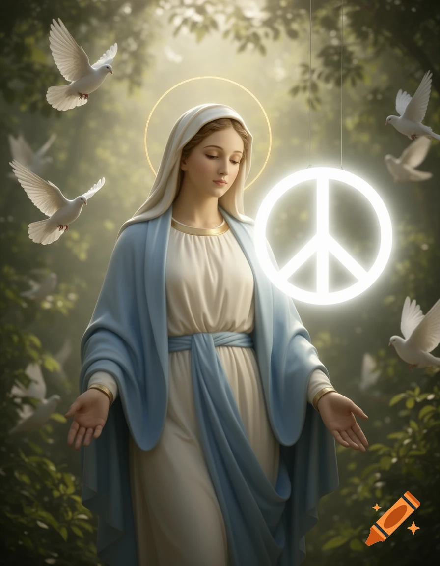 Serene Virgin Mary with a halo, a glowing peace symbol, and white doves in a mystical forest.