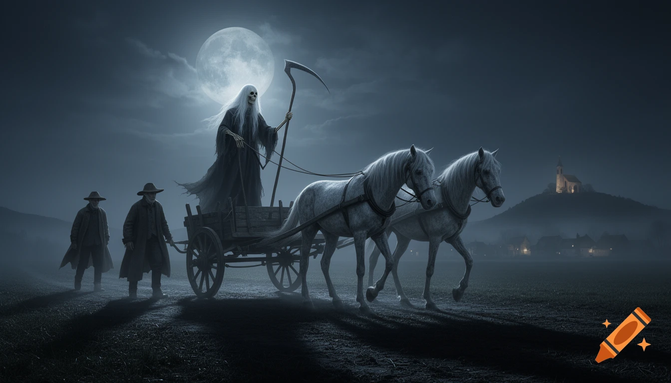 A skeletal Grim Reaper on a cart pulled by two white horses, with two men, under a full moon and distant village in a dark fantasy setting.
