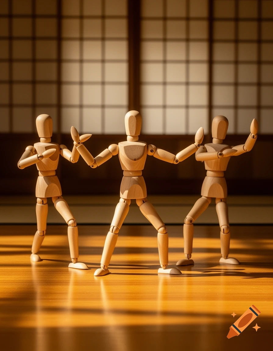 Three wooden artist's mannequins posed in a sunlit traditional Japanese room with shoji screens.