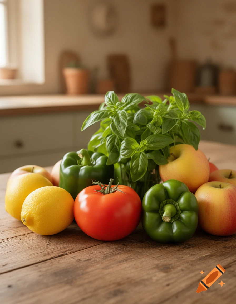 Photorealistic image of fresh lemons, apples, green bell peppers, a red tomato, and basil on a rustic wooden kitchen table.