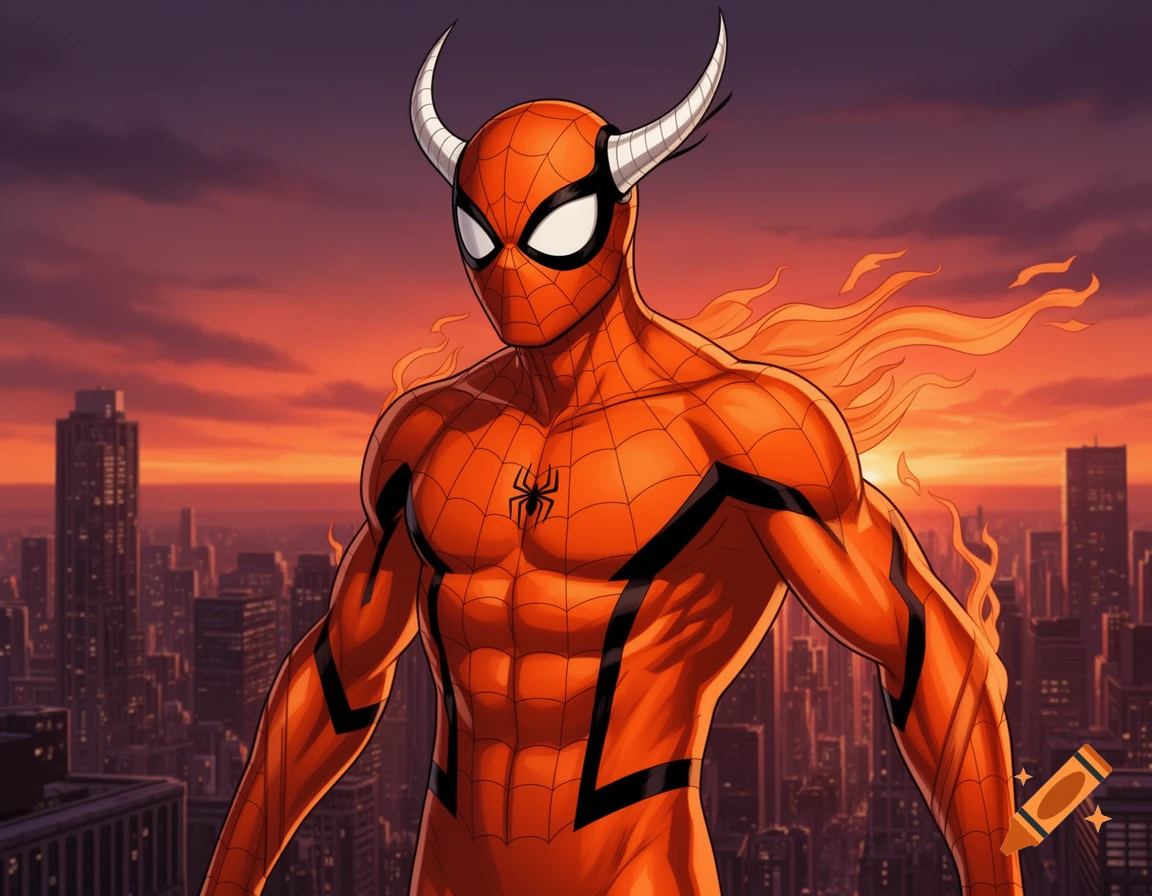 An orange Spider-Man-like superhero with white horns, black eye outlines, and flames on his shoulders stands over a city at sunset in comic art style.