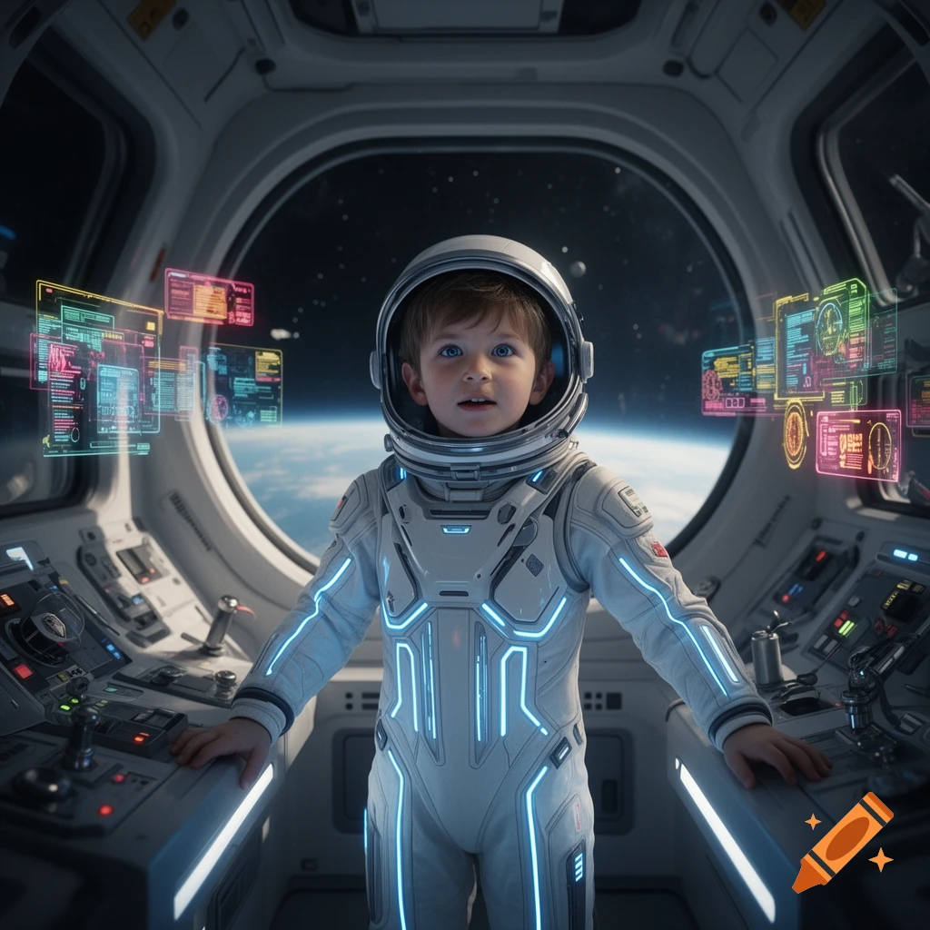 A young child in a futuristic astronaut suit with glowing blue accents ...