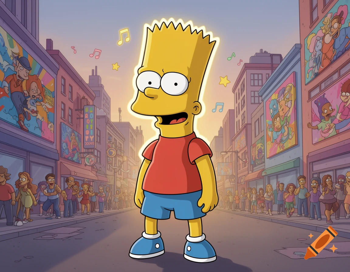 Bart Simpson stands glowing in the middle of a lively cartoon city street filled with buildings and people, in an animated style.