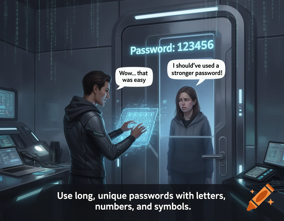 A hacker easily opens a futuristic door with a weak password, while a distressed woman watches. Text promotes strong passwords.