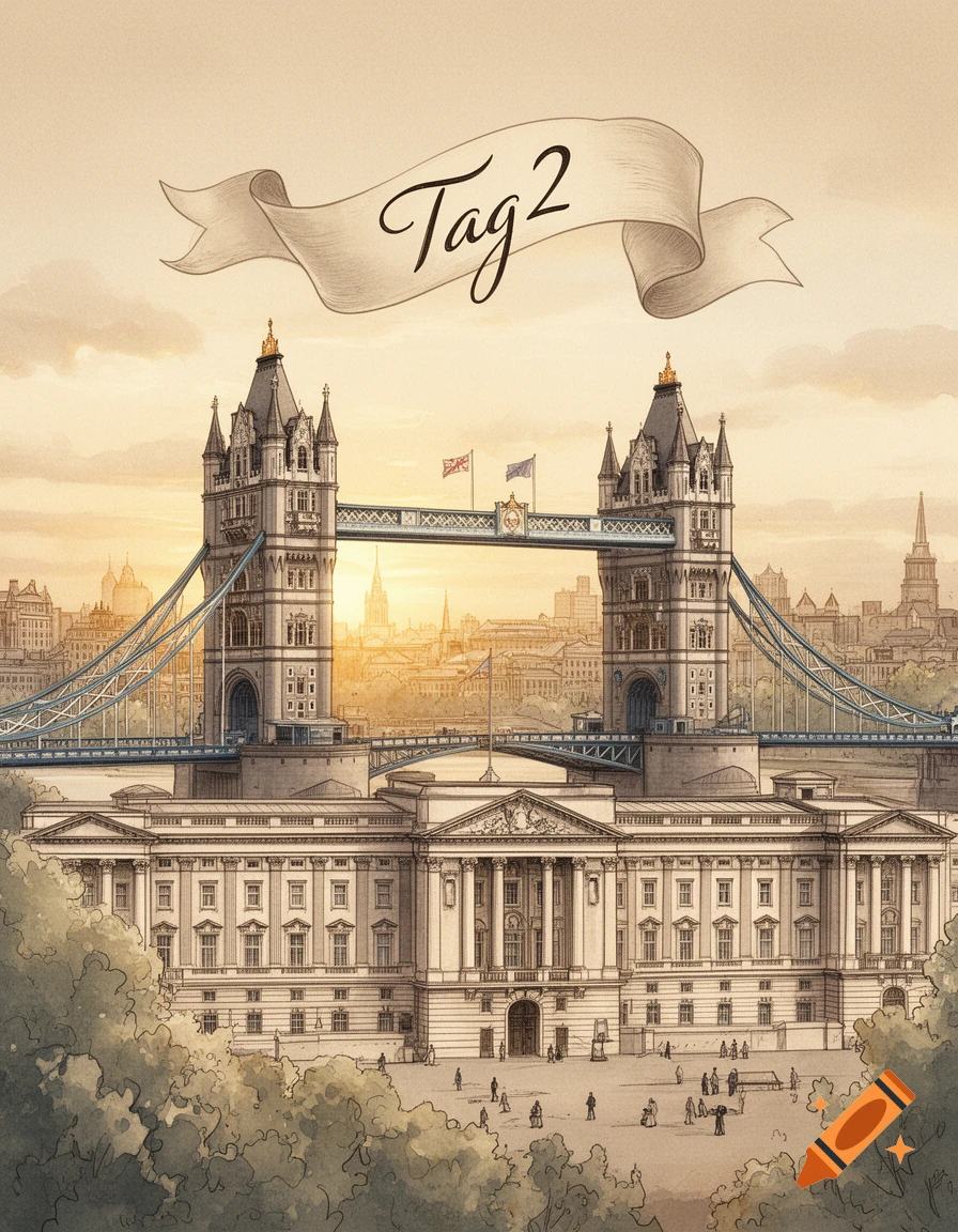 Detailed illustration of London's Tower Bridge and Buckingham Palace under a banner reading 'Tag 2' at sunset.