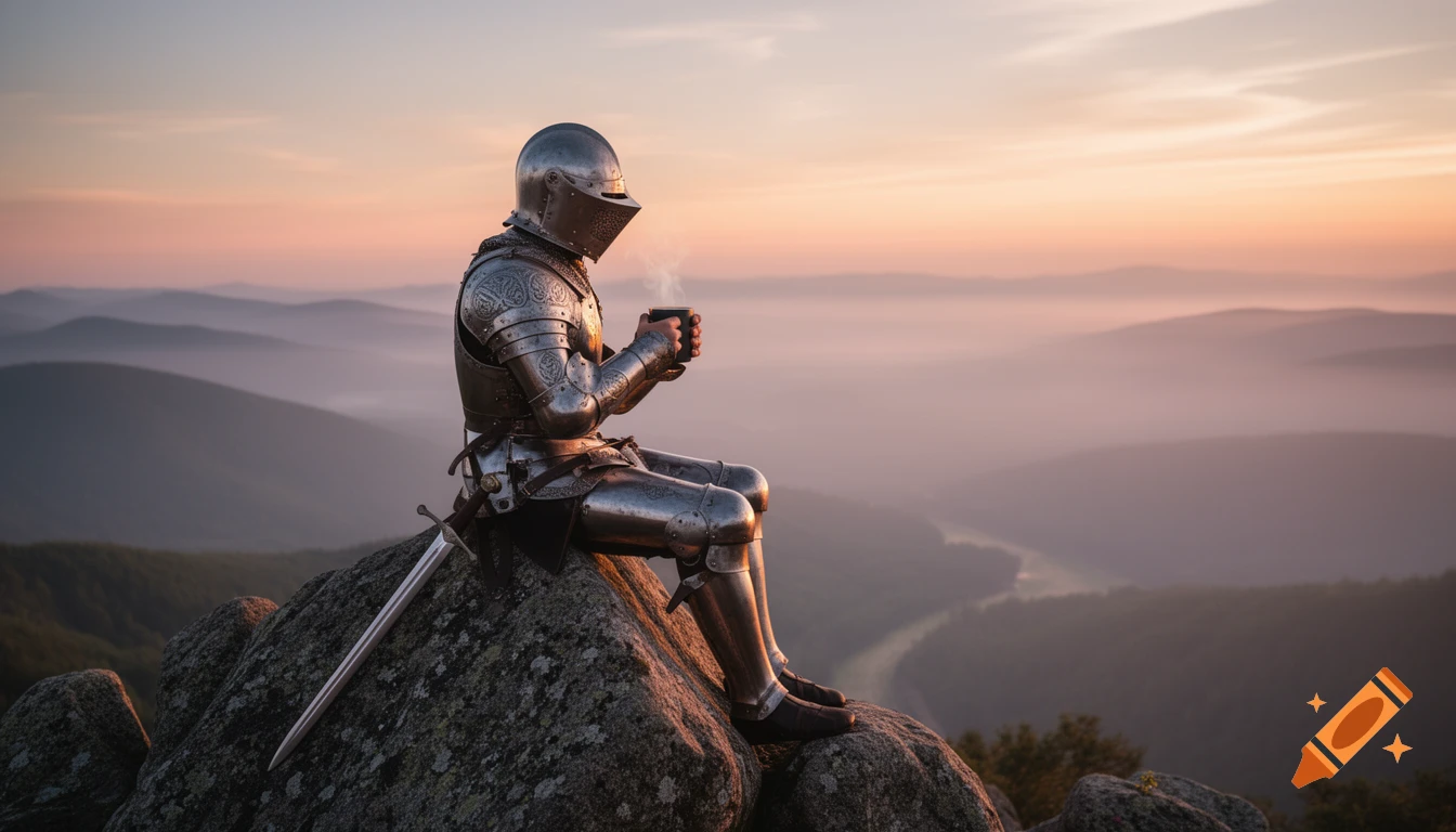 A knight in full armor sits on a mountaintop, holding a steaming coffee cup, overlooking a misty sunrise landscape.