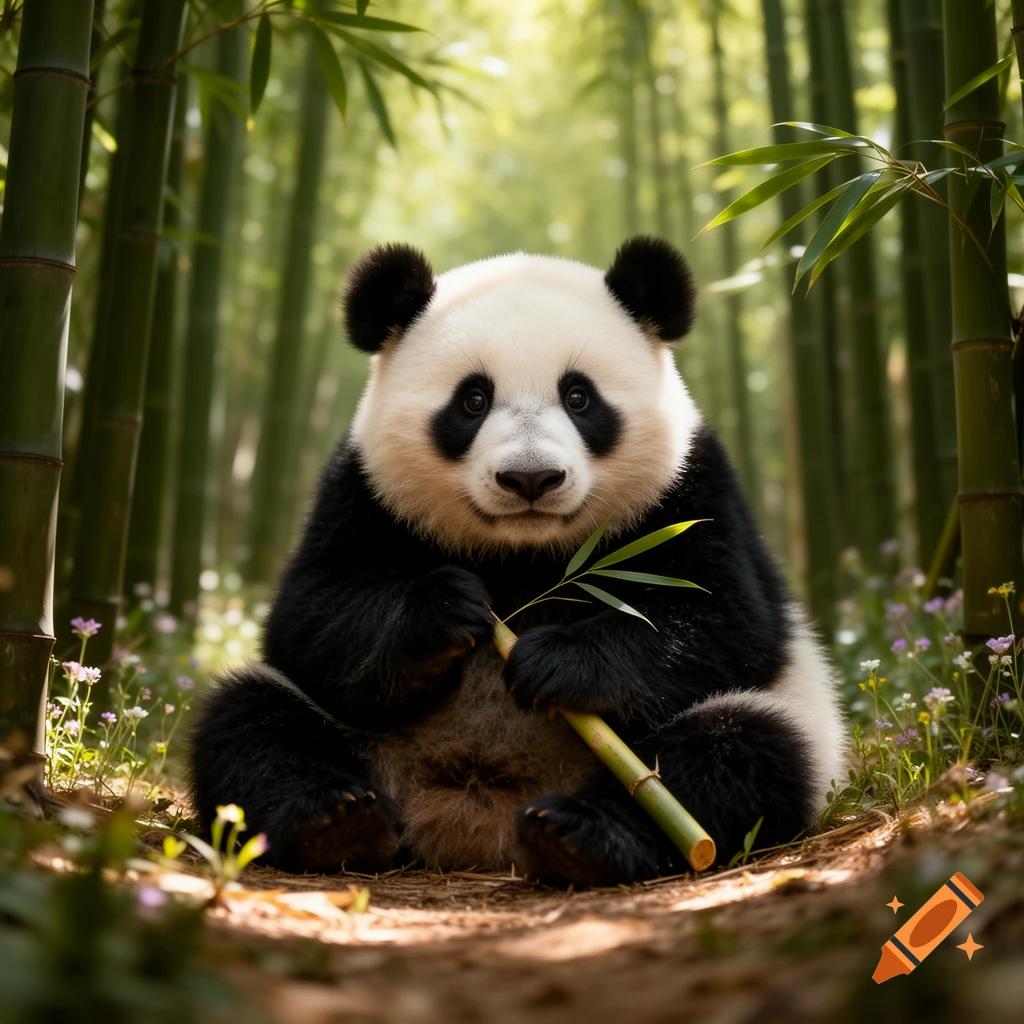 A photorealistic panda sits on the ground, holding a bamboo shoot, in a sunlit bamboo forest.