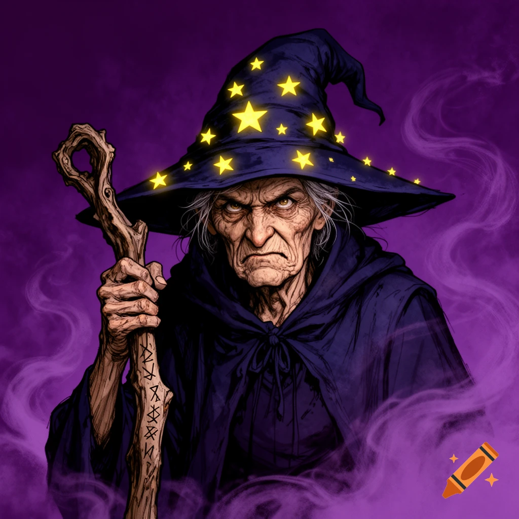 An old witch with a scowling face, wearing a pointy dark-blue hat with yellow stars, holding a staff, set against a smoky purple background in a digital drawing style.