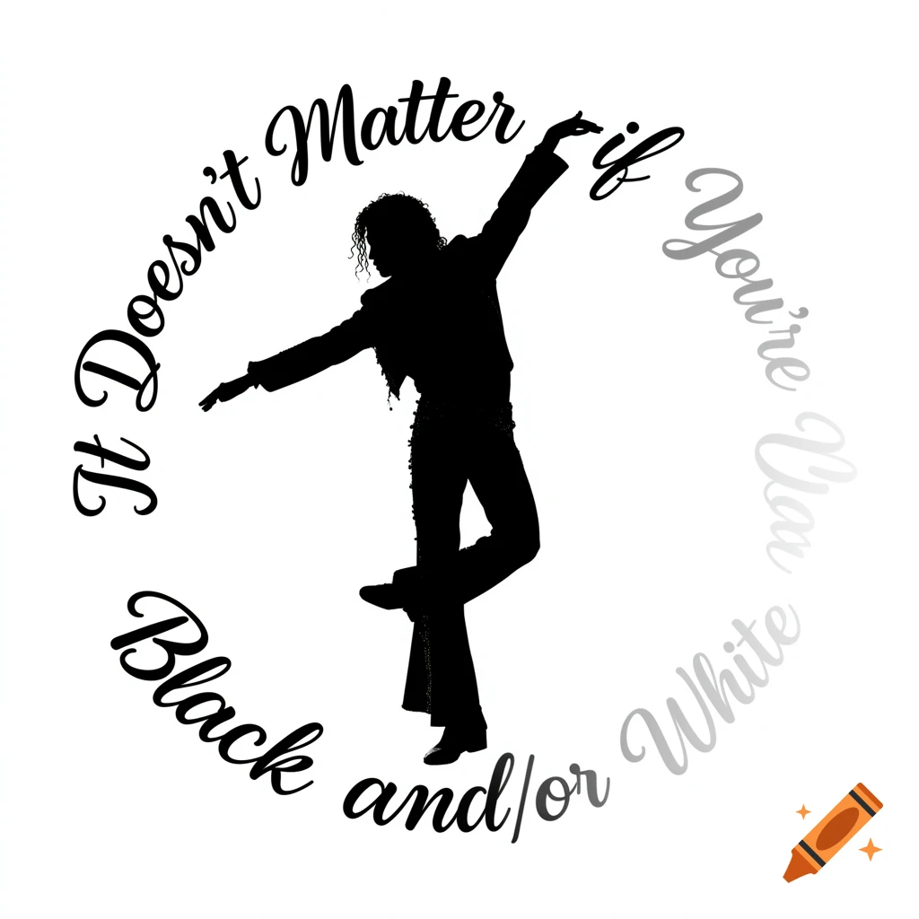 A black silhouette of Michael Jackson in a dance pose, encircled by the text 'It Doesn't Matter if You're Black and/or White' on a white background.