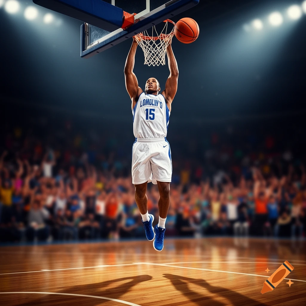 A muscular basketball player in a white and blue jersey dunks a basketball in a brightly lit arena, with a blurred crowd in the background.