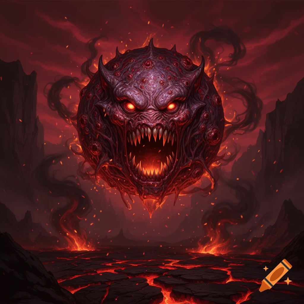 A terrifying, multi-eyed red demon with glowing eyes and sharp teeth hovers over a cracked, fiery, hellish landscape.