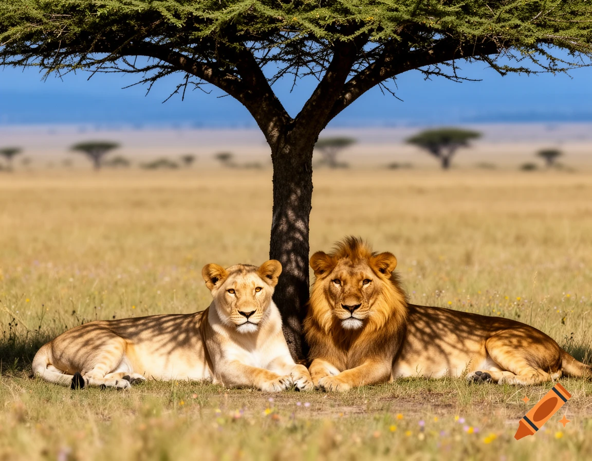 A male and female lion rest side-by-side under a green tree on a sunny savanna.