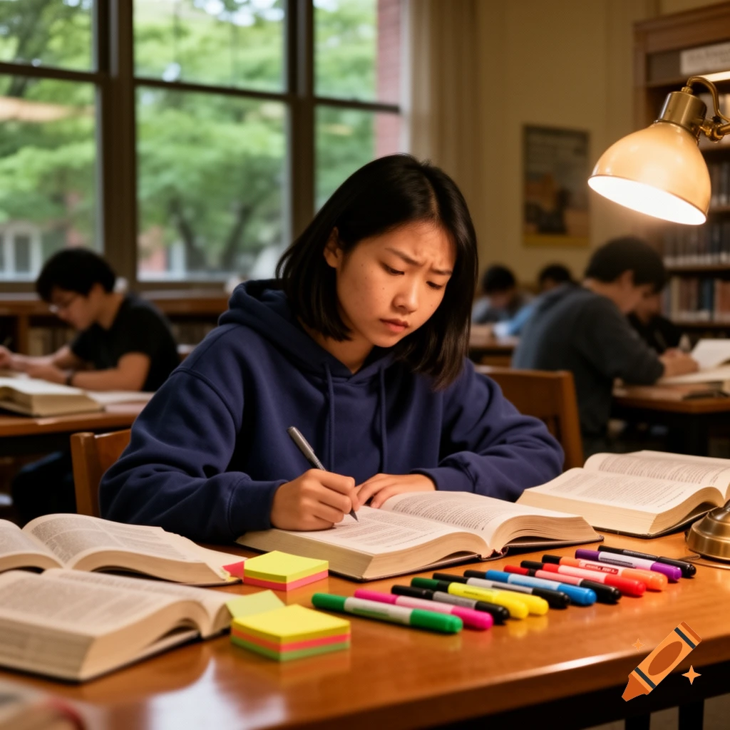 A focused East Asian student in a blue hoodie studies at a library desk, surrounded by open books and colorful markers, under the warm glow of a desk lamp.