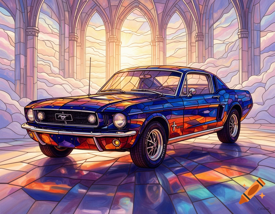 A classic 1967 Ford Mustang depicted in a vibrant stained glass art style, parked under arched windows with a sunset glow.