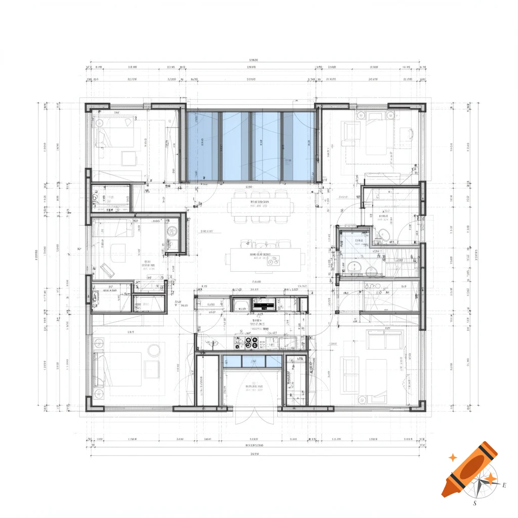 A detailed architectural floor plan showing rooms, furniture, dimensions, and a compass rose, with some areas highlighted in blue.