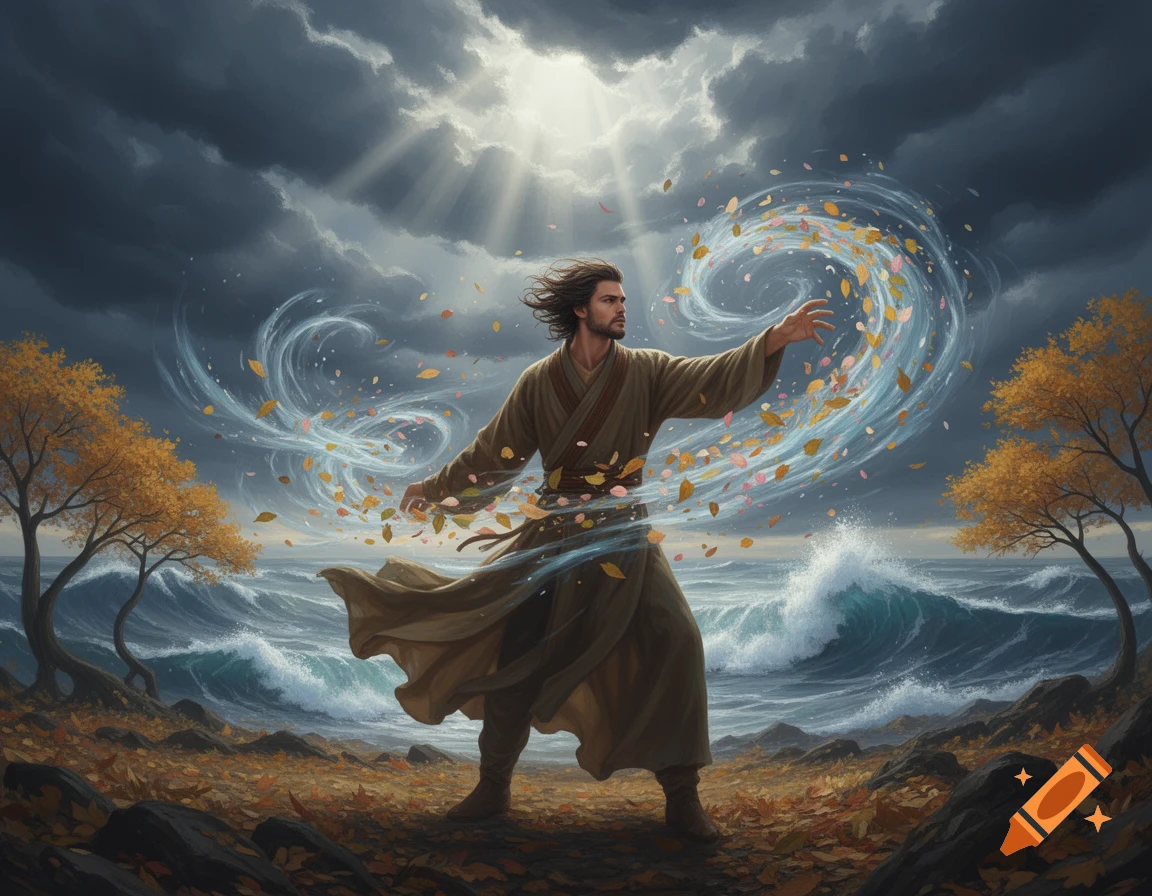 A man in a brown robe stands on a leaf-strewn shore by a stormy ocean, conjuring a swirl of leaves and wind under a dramatic sky.