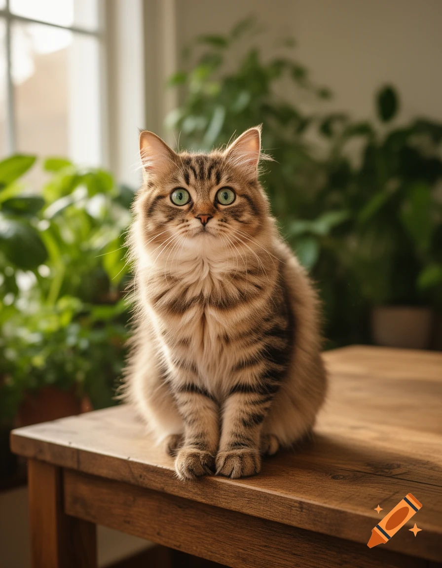 A fluffy tabby cat with striking green eyes sits on a wooden table in a ...