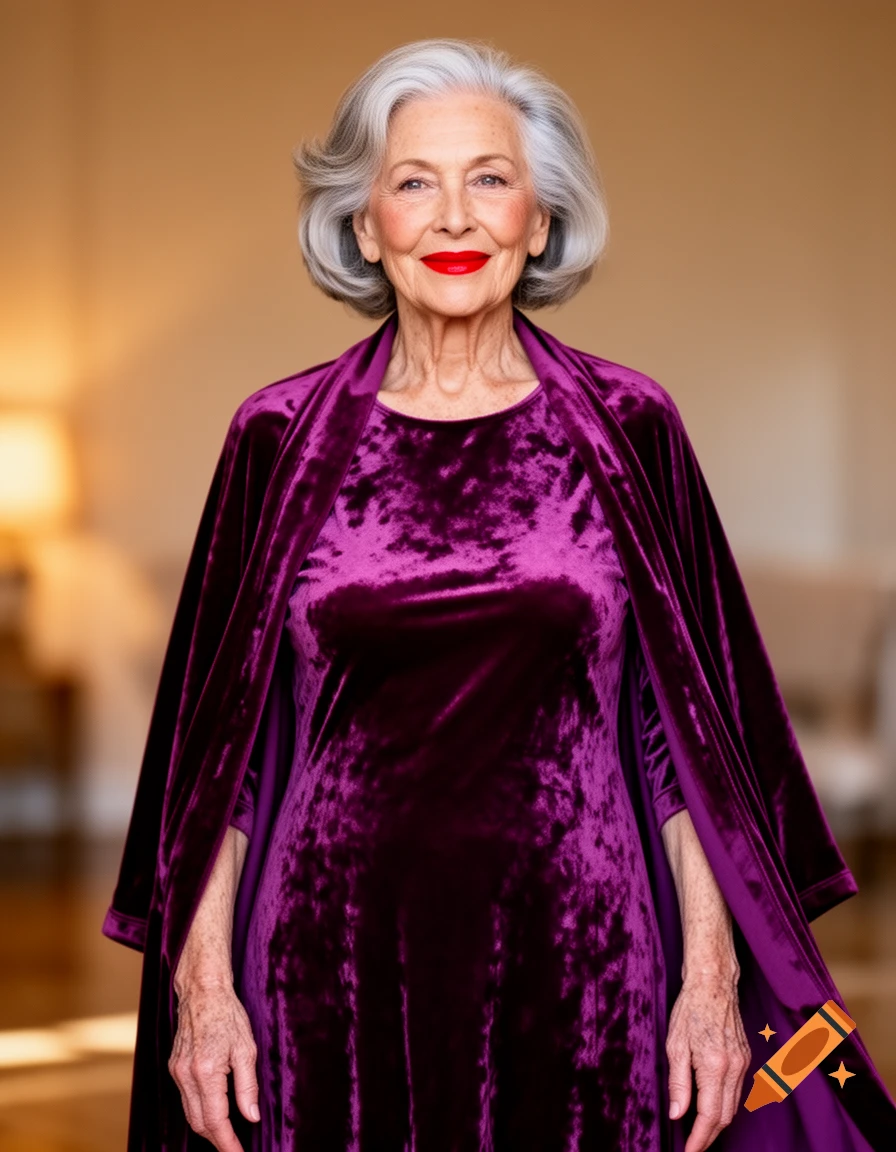 Photorealistic portrait of an older woman with grey hair and red lips, wearing a purple velvet dress and open robe.