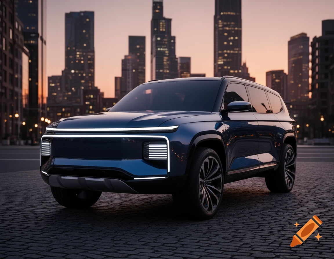 A dark blue, modern SUV with distinctive split-tier headlights parked on a cobblestone street in a city at dusk.