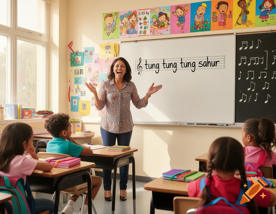 A teacher enthusiastically stands in front of students in a classroom, with musical notes and text on the whiteboard.