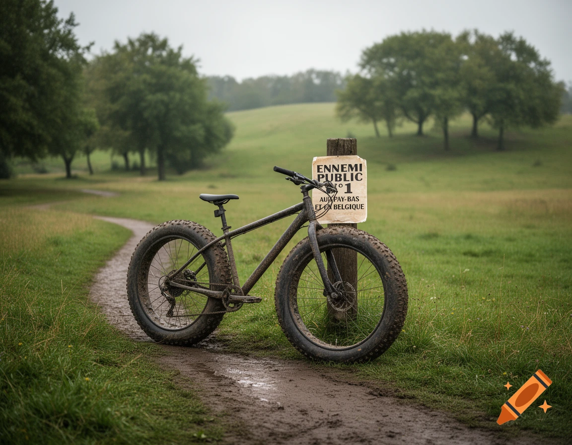 A muddy fatbike parked on a dirt path next to a sign in a green field with trees under a cloudy sky.