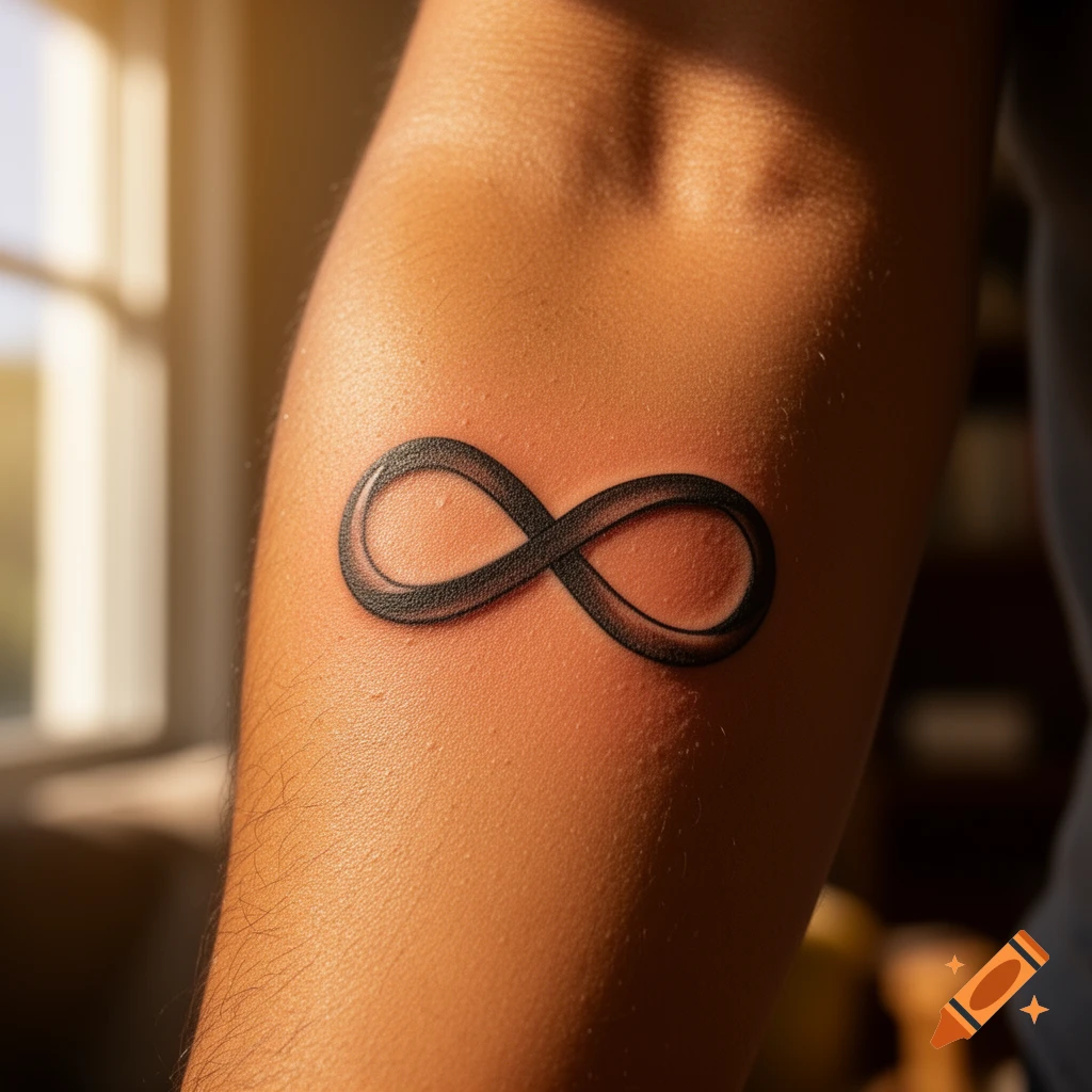 Close-up of a black infinity symbol tattoo on an arm, illuminated by sunlight through a window, in a photorealistic style.