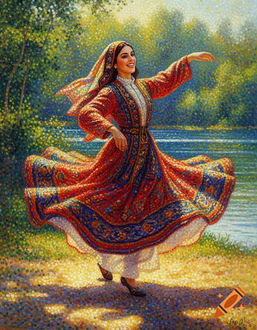 A joyful Kurdish woman dances in a vibrant red traditional dress by a river, painted in a pointillist style.