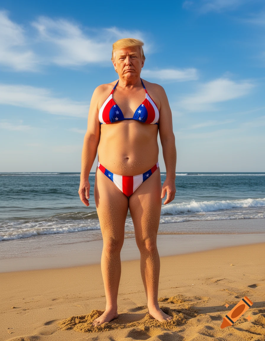 Photorealistic image of Donald Trump standing on a sandy beach wearing an American flag bikini, ocean and blue sky in background.