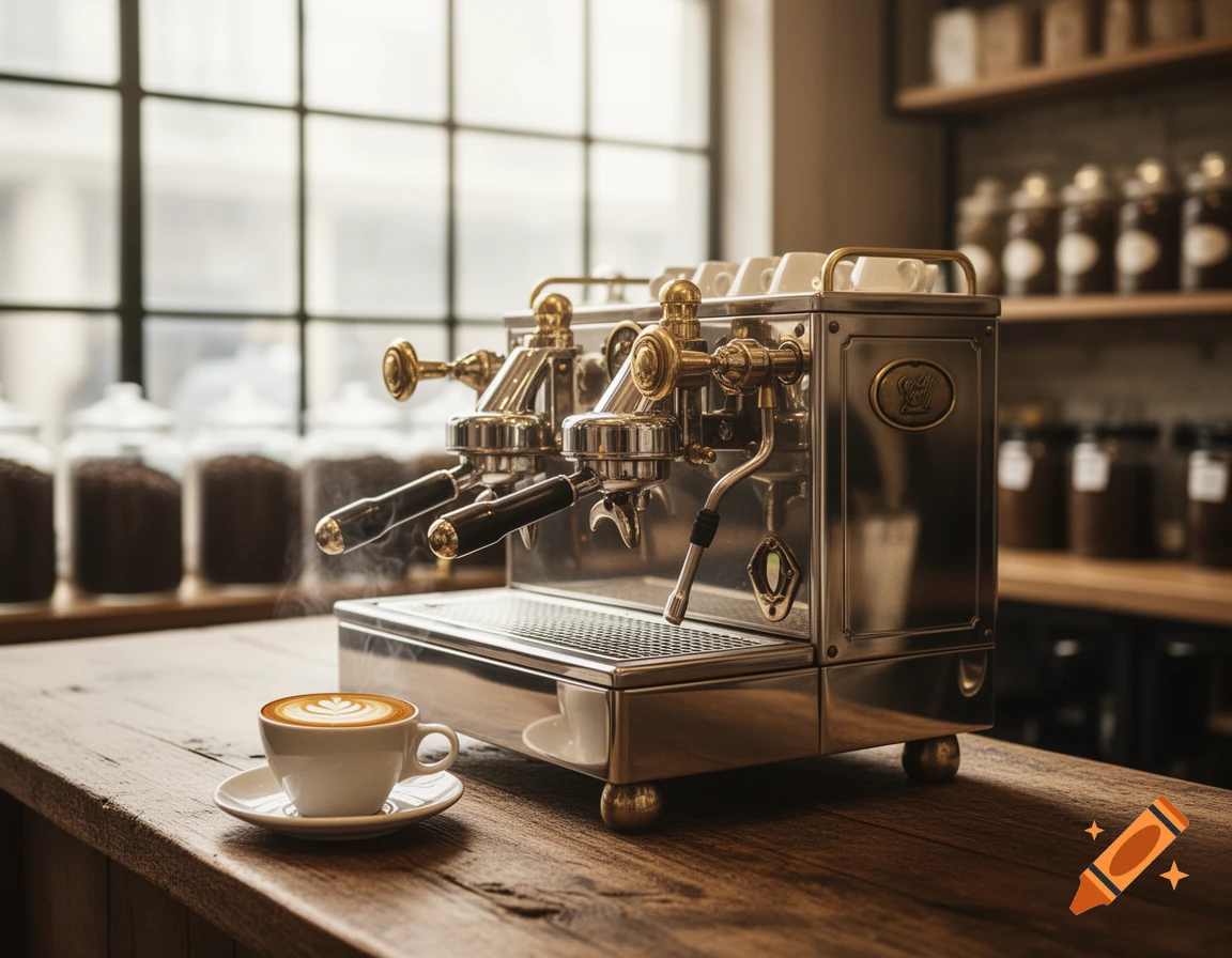 A photorealistic image of a vintage-style espresso machine and a steaming latte on a wooden counter in a coffee shop.