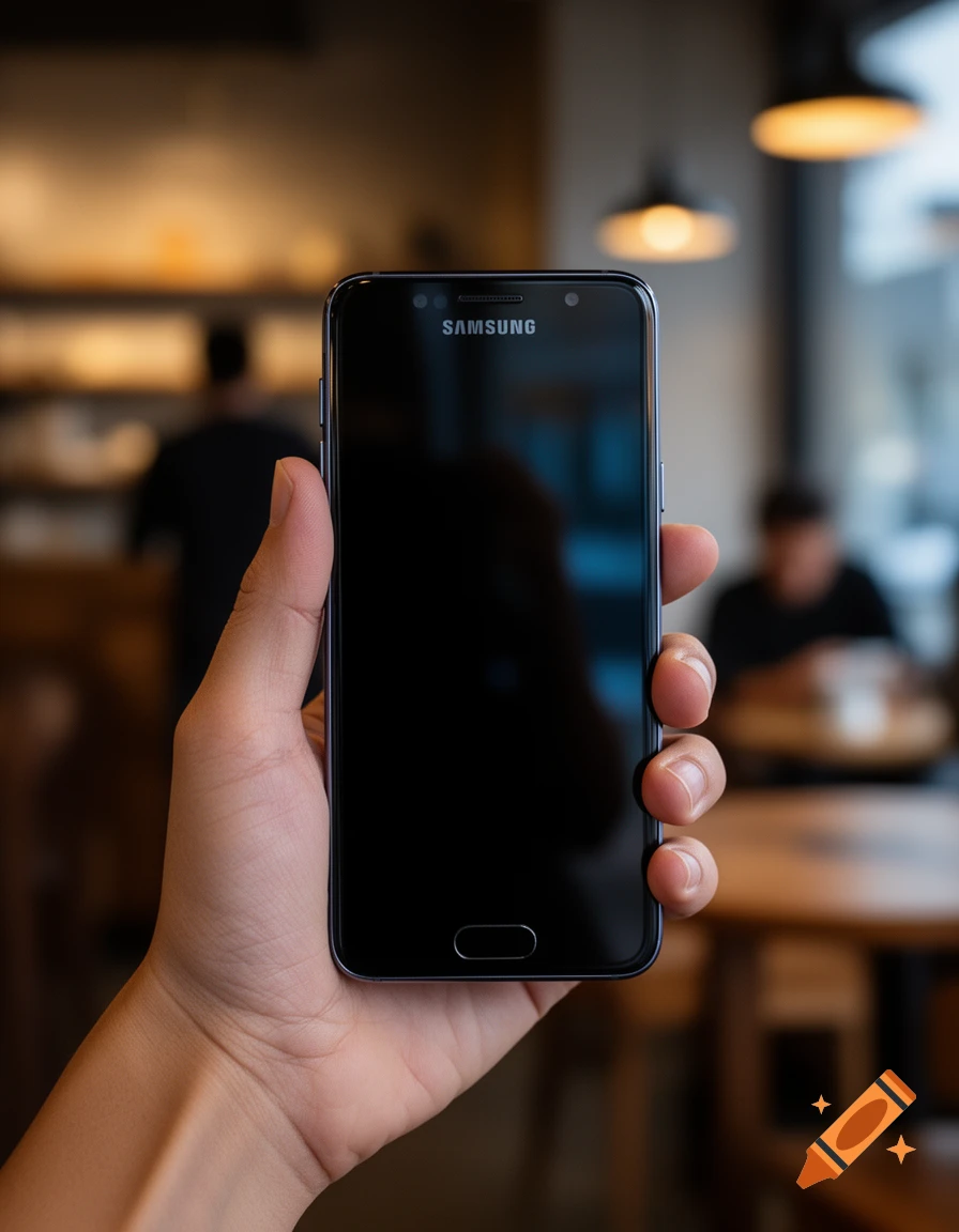 A hand holds a black Samsung smartphone with a blank screen in a cafe, photorealistic.