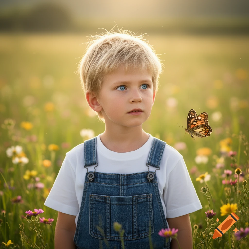 A young blonde boy in blue overalls gazes intently at a butterfly in a sunny field of wildflowers.