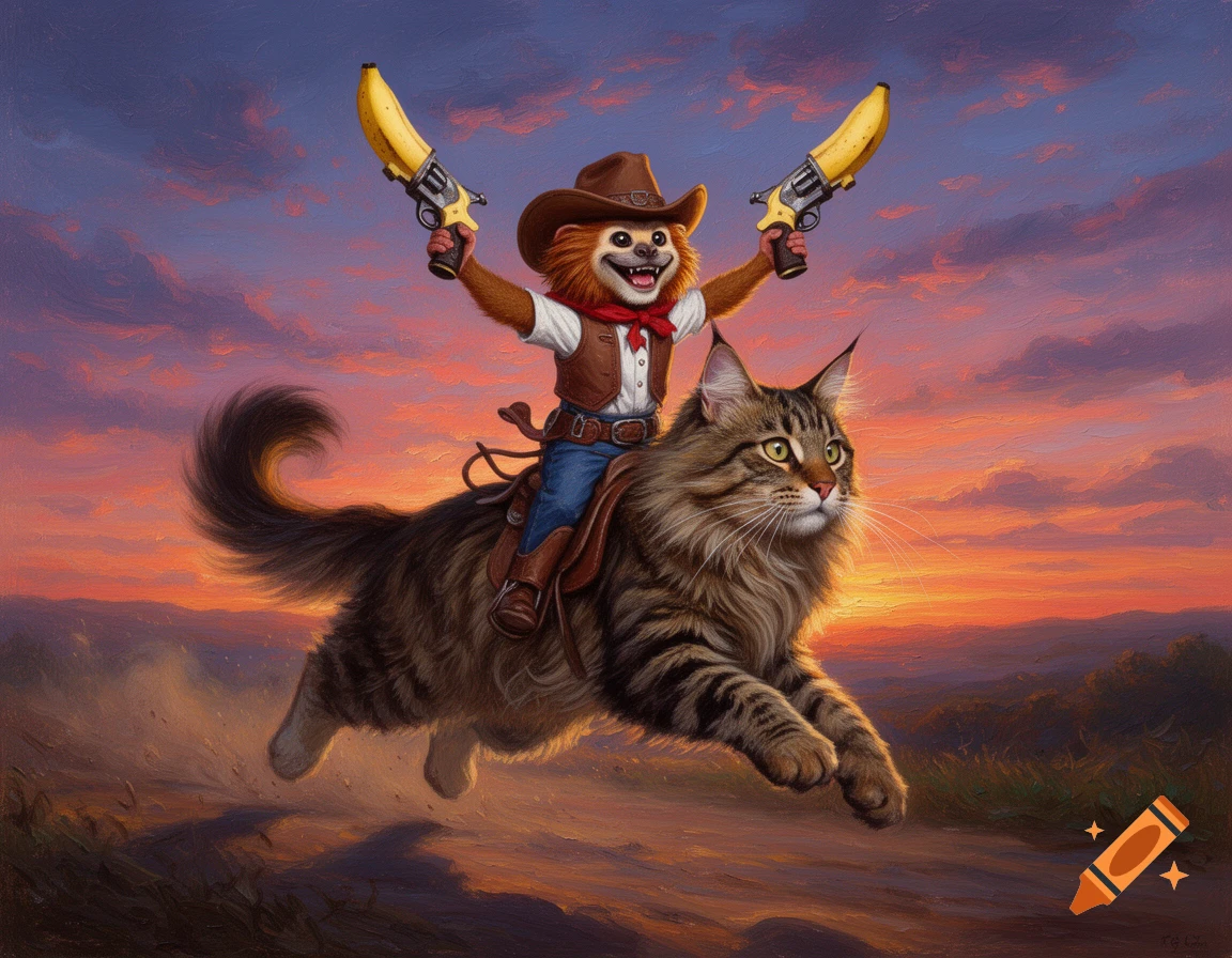 Oil painting of a cowboy monkey riding a galloping Maine Coon cat, holding banana guns, at sunset.