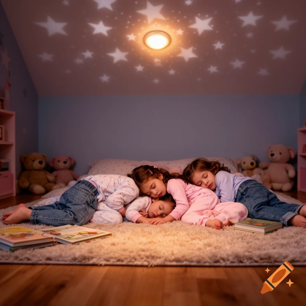 Three young children sleeping peacefully on a fluffy rug in a cozy bedroom, with stars projected on the ceiling.