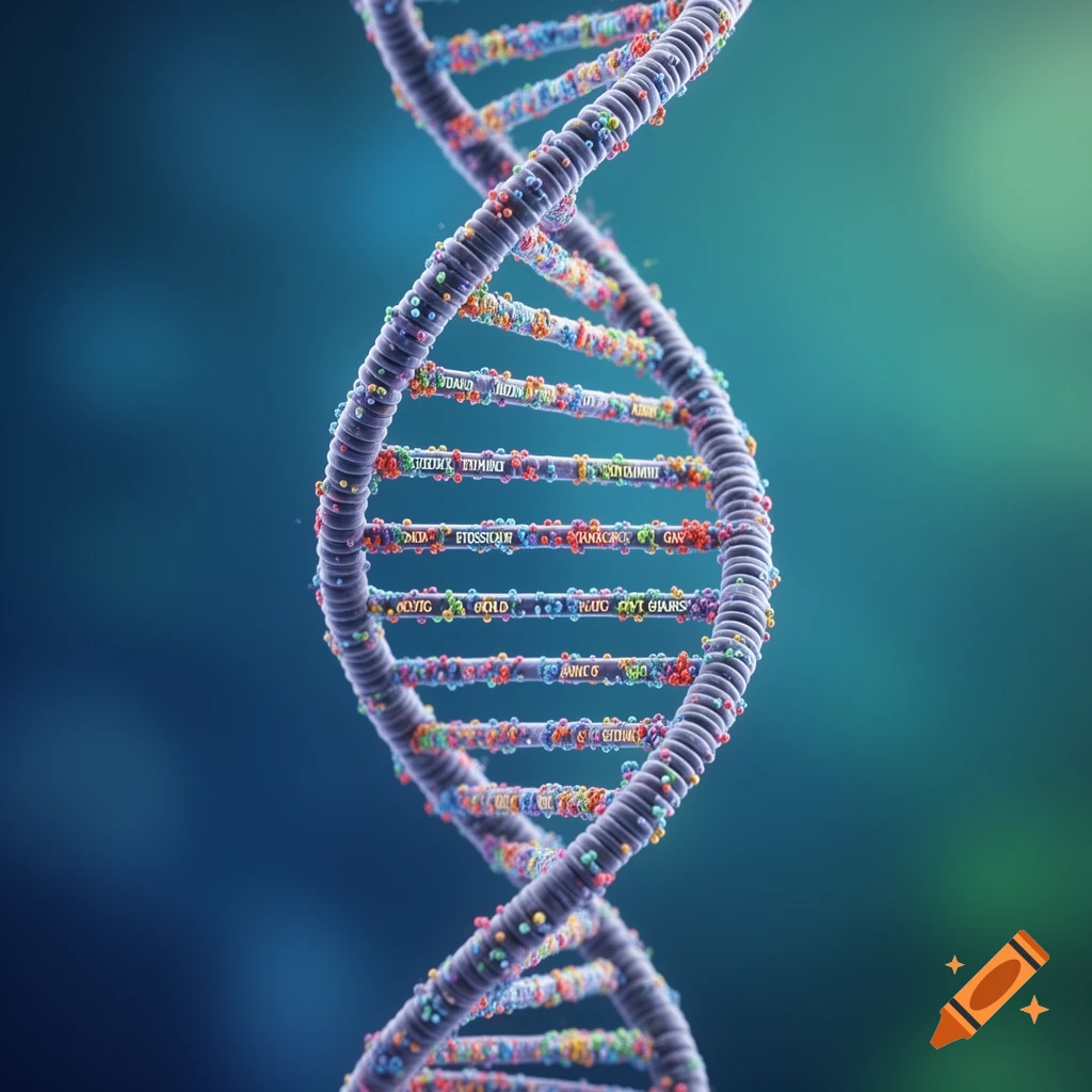 A detailed, illuminated 3D rendering of a DNA double helix with colorful base pairs on a blurred blue-green background.