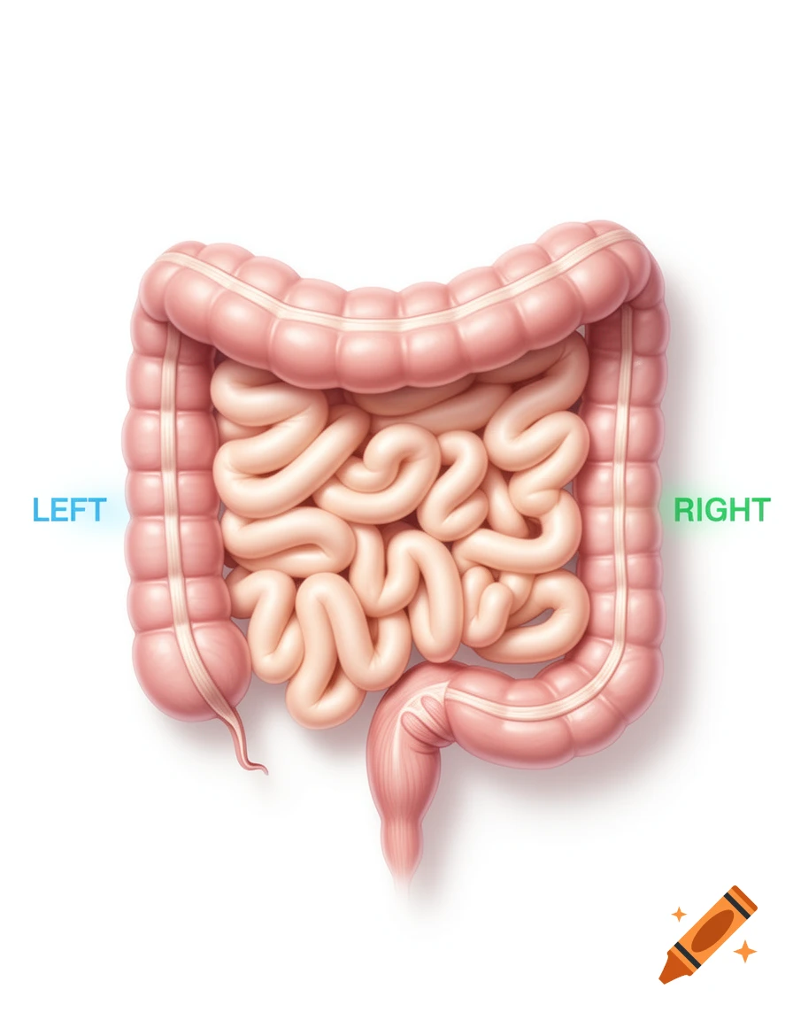 A detailed medical illustration of the human intestines with 'LEFT' and 'RIGHT' labels.