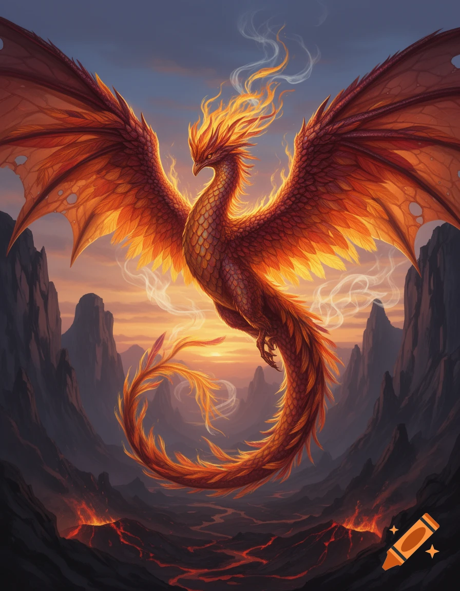 A majestic fiery red phoenix-dragon with large wings flies over a volcanic landscape with lava and mountains at sunset.