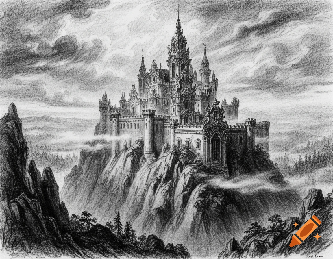 Charcoal sketch of an ornate Baroque castle atop a craggy mountain, surrounded by mist and distant forests.