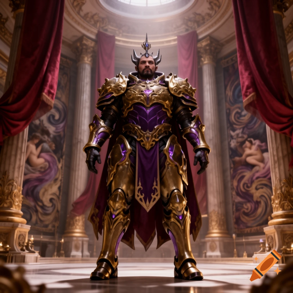 A majestic warrior in ornate gold and purple armor stands in a grand, pillared hall with red drapes and classical paintings.